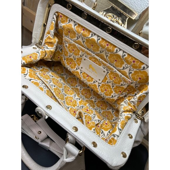 Emma Fox White Pebbled Leather Satchel Bag With Floral Lining Gold Hardware & Re - Picture 4 of 10